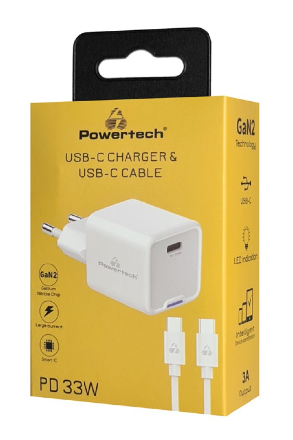 POWERTECH φορτιστής τοίχου PT-1225 με καλώδιο, USB-C, 33W, GaN, λευκός