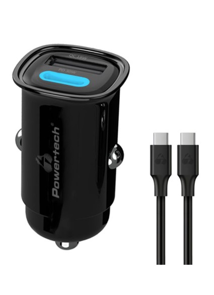 POWERTECH φορτιστής αυτοκινήτου PT-1229, καλώδιο, USB/USB-C, 30W, μαύρος