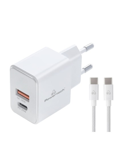 POWERTECH φορτιστής τοίχου PT-1248, καλώδιο, USB/USB-C, 20W, GaN, λευκός