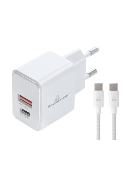 POWERTECH φορτιστής τοίχου PT-1249, καλώδιο, USB/USB-C, 30W, GaN, λευκός