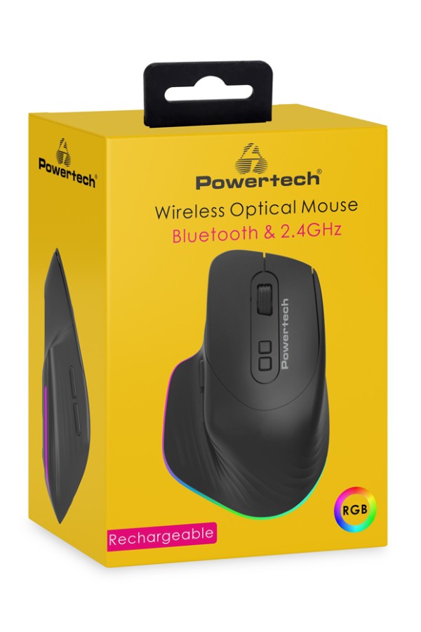 POWERTECH ασύρματο gaming ποντίκι PT-1253, 2.4GHz & Bluetooth, 2000DPI, 650mAh, RGB, μαύρο