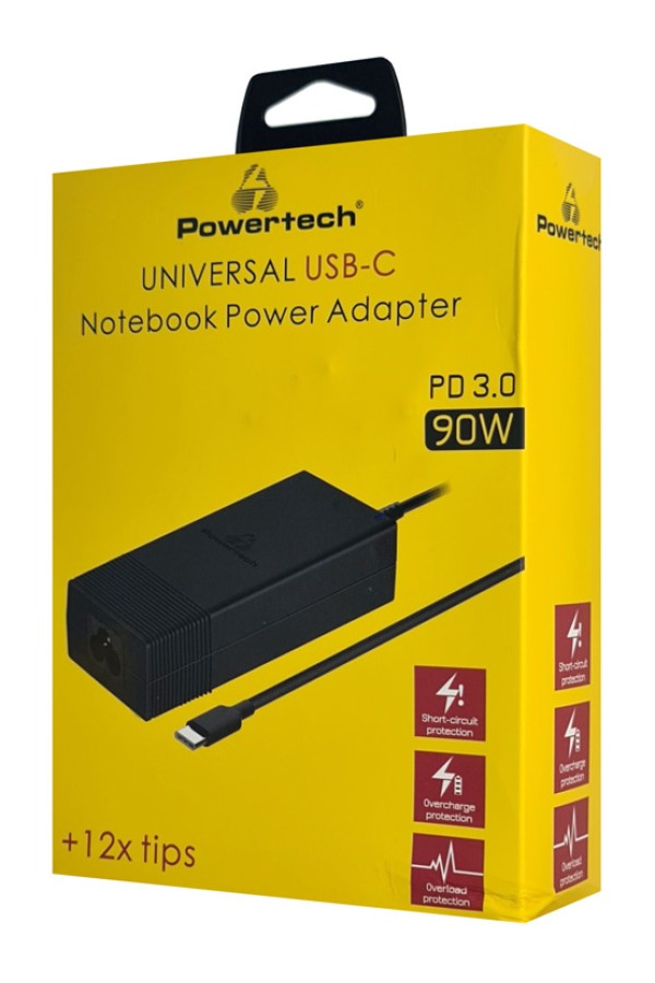 POWERTECH φορτιστής laptop PT-1256 με 12 βύσματα, USB-C PD, 90W, μαύρος