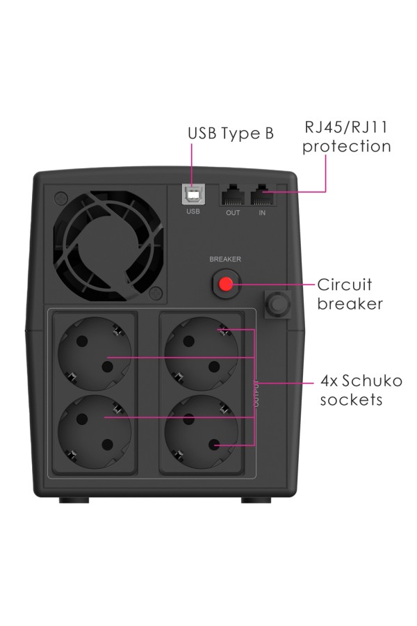 POWERTECH UPS Line Interactive PT-1297 με οθόνη, 1500VA, 900W, 4x Schuko, 2x RJ45/RJ11, USB Type B