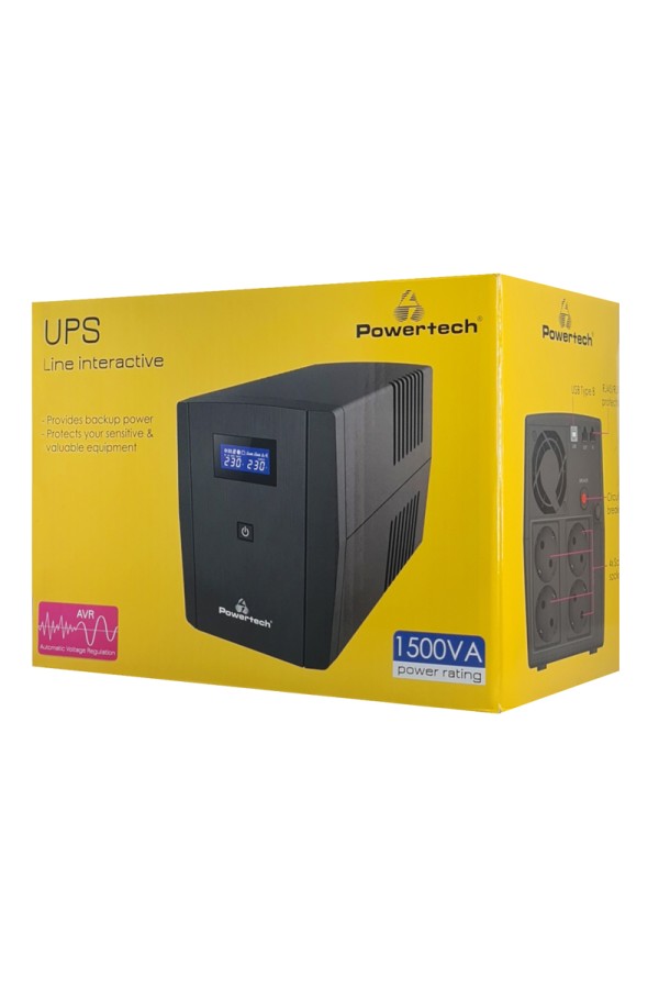 POWERTECH UPS Line Interactive PT-1297 με οθόνη, 1500VA, 900W, 4x Schuko, 2x RJ45/RJ11, USB Type B