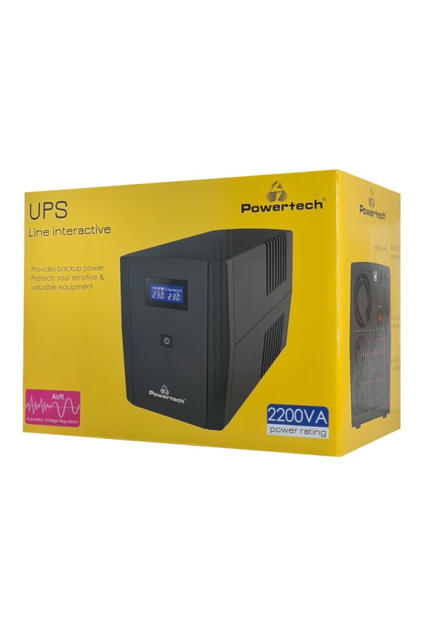 POWERTECH UPS Line Interactive PT-1298 με οθόνη, 2200VA, 1320W, 4x Schuko, 2x RJ45/RJ11, USB Type B