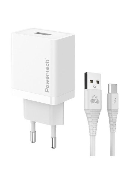 POWERTECH φορτιστής τοίχου PT-1322 με καλώδιο USB-C, USB, 12W, λευκός