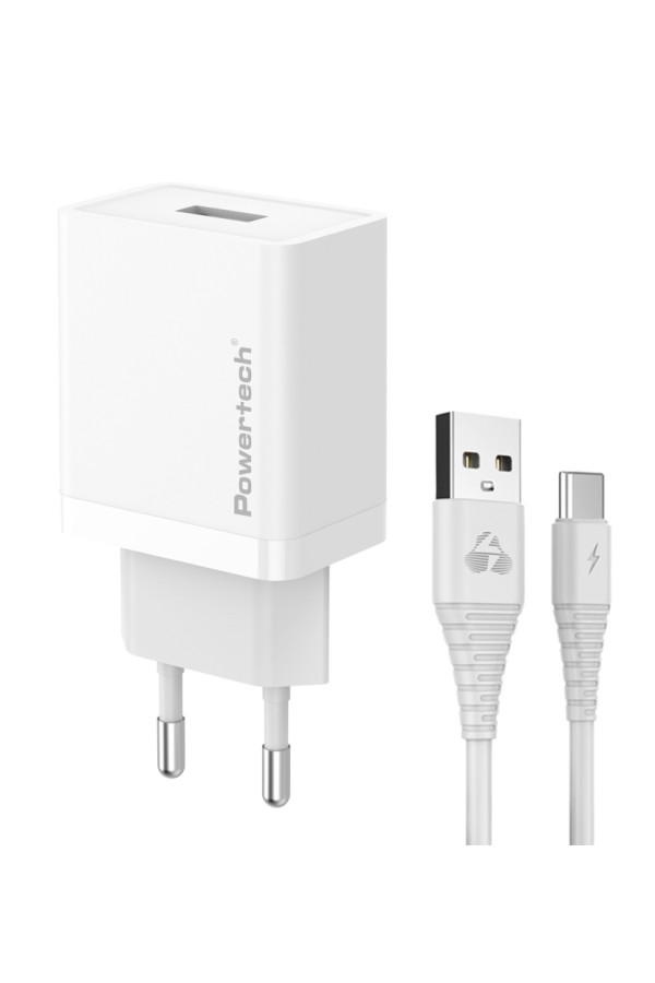 POWERTECH φορτιστής τοίχου PT-1322 με καλώδιο USB-C, USB, 12W, λευκός