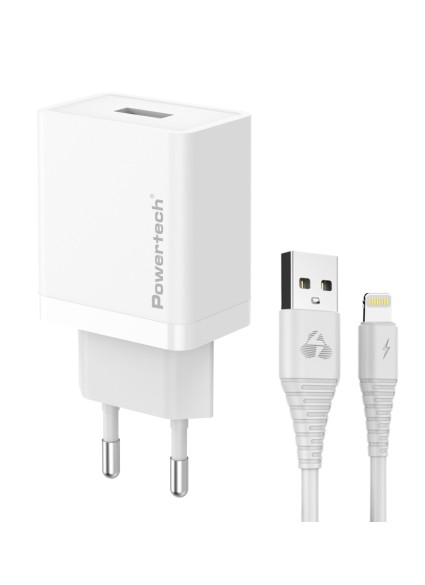 POWERTECH φορτιστής τοίχου PT-1323 με καλώδιο Lightning, USB, 12W, λευκός