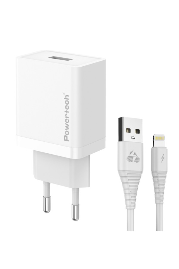 POWERTECH φορτιστής τοίχου PT-1323 με καλώδιο Lightning, USB, 12W, λευκός