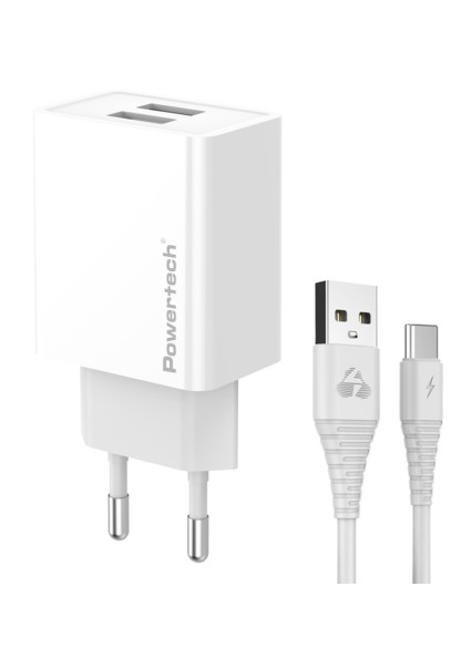 POWERTECH φορτιστής τοίχου PT-1324 με καλώδιο USB-C, 2x USB, 12W, λευκός