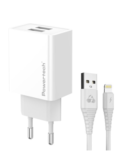 POWERTECH φορτιστής τοίχου PT-1325 με καλώδιο Lightning, 2x USB, 12W, λευκός