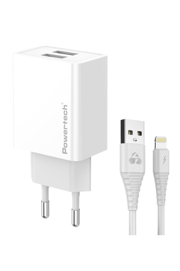 POWERTECH φορτιστής τοίχου PT-1325 με καλώδιο Lightning, 2x USB, 12W, λευκός