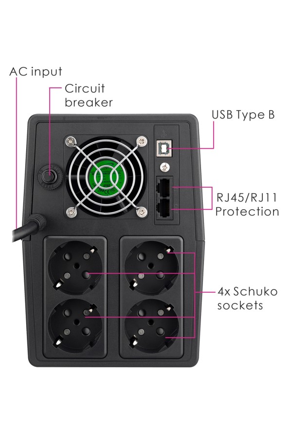 POWERTECH UPS Line Interactive PT-1800LCD με οθόνη, 1800VA, 1080W, 4x Schuko, 2x RJ45/RJ11, USB Type B