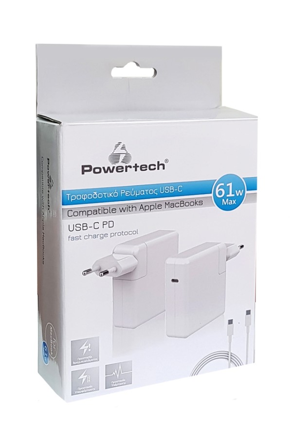 POWERTECH Φορτιστής laptop PT-704 για Apple, USB Type-C PD, 61W, λευκό