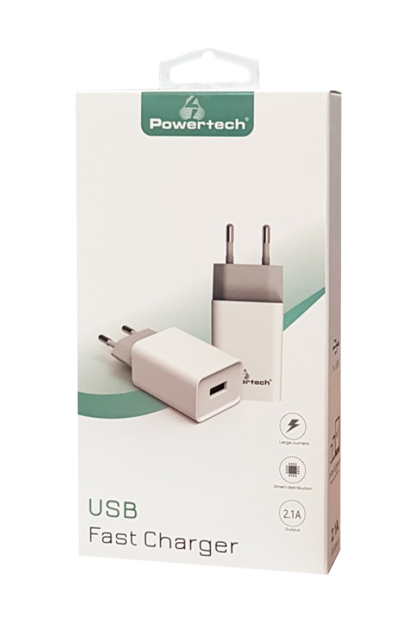 POWERTECH φορτιστής τοίχου PT-761, USB, 2.1A, λευκός