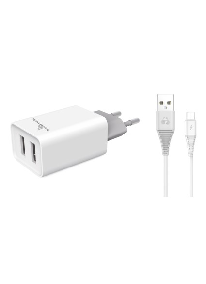 POWERTECH φορτιστής τοίχου PT-775, καλώδιο micro USB, 2x USB 2.1A, λευκό