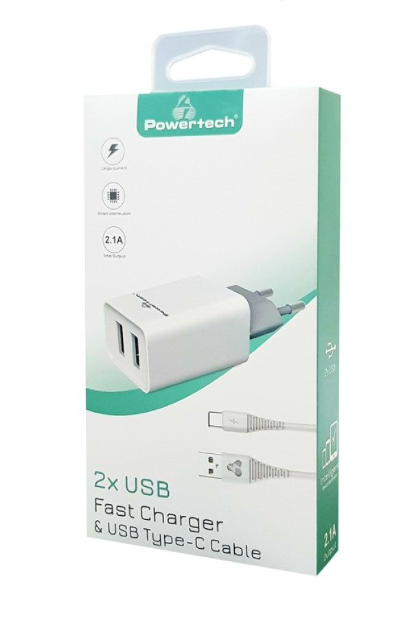 POWERTECH φορτιστής τοίχου PT-776 με καλώδιο USB-C, 2x USB, 2.1A, λευκό