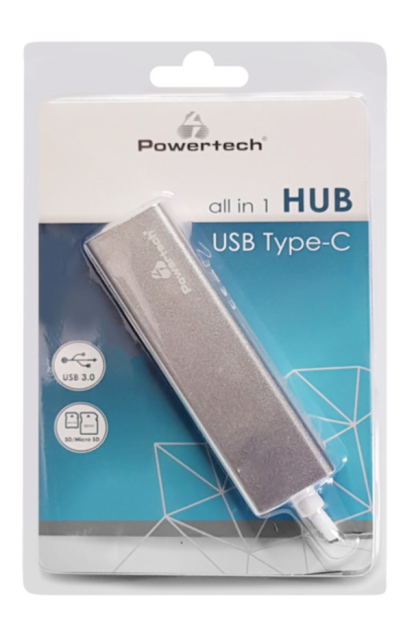 POWERTECH USB hub PT-926 με card reader, 3x θυρών, 5Gbps, USB-C, ασημί
