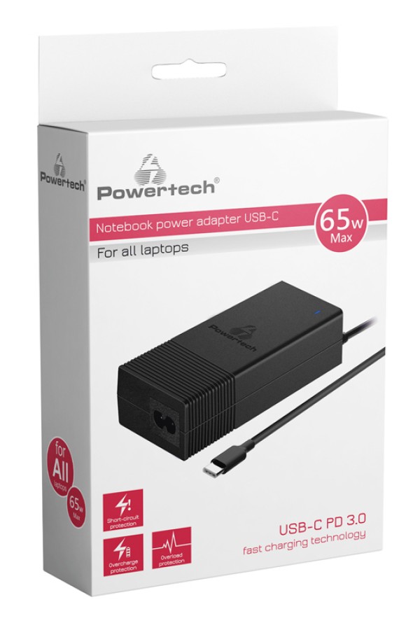 POWERTECH φορτιστής laptop PT-975, USB Type-C PD, universal, 65W, μαύρος