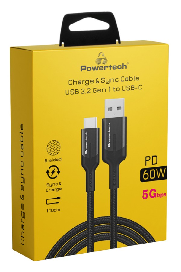 POWERTECH καλώδιο USB σε USB-C PTR-0134 PD 60W, 5Gbps, copper, 1m, μαύρο