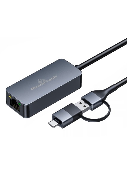 POWERTECH αντάπτορας δικτύου PTR-0149, USB & USB-C, 1000 Mbps, γκρι