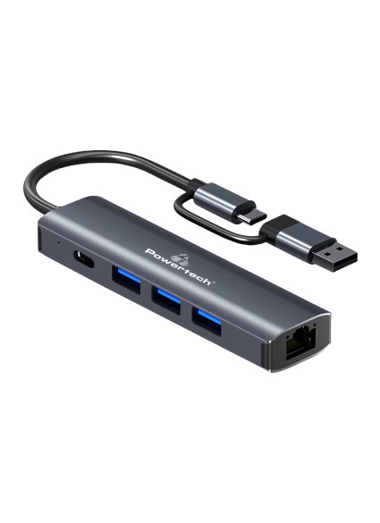 POWERTECH USB hub PTR-0150 με θύρα δικτύου, 4 θυρών, USB & USB-C, γκρι