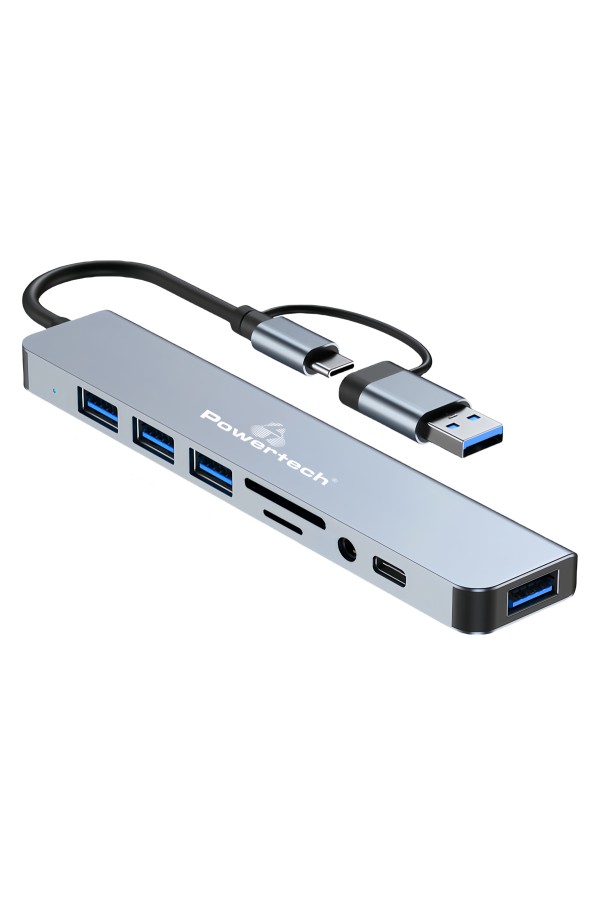 POWERTECH USB hub PTR-0151 με card reader, 8 θυρών, USB & USB-C, γκρι