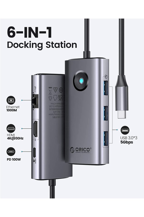 ORICO docking station PW11-6PR, 6 θυρών, USB-C σύνδεση, 100W PD 4K, γκρι