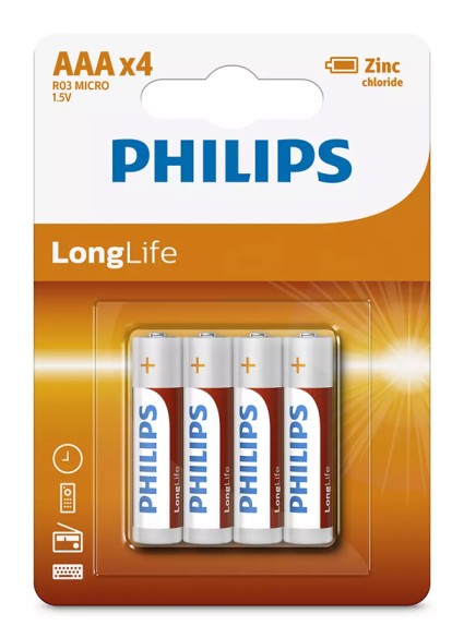 PHILIPS LongLife Zinc chloride μπαταρίες R03L4B/10 AAA R03 Micro, 4τμχ