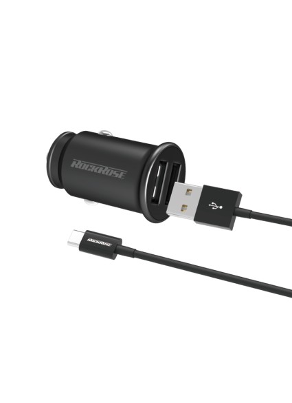 ROCKROSE φορτιστής αυτοκινήτου Ranger P2 με καλώδιο, 2x USB, 12W, μαύρος