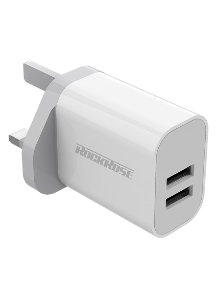 ROCKROSE φορτιστής τοίχου για πρίζα UK Casa A2, 2x USB, 2.4A 12W, λευκός