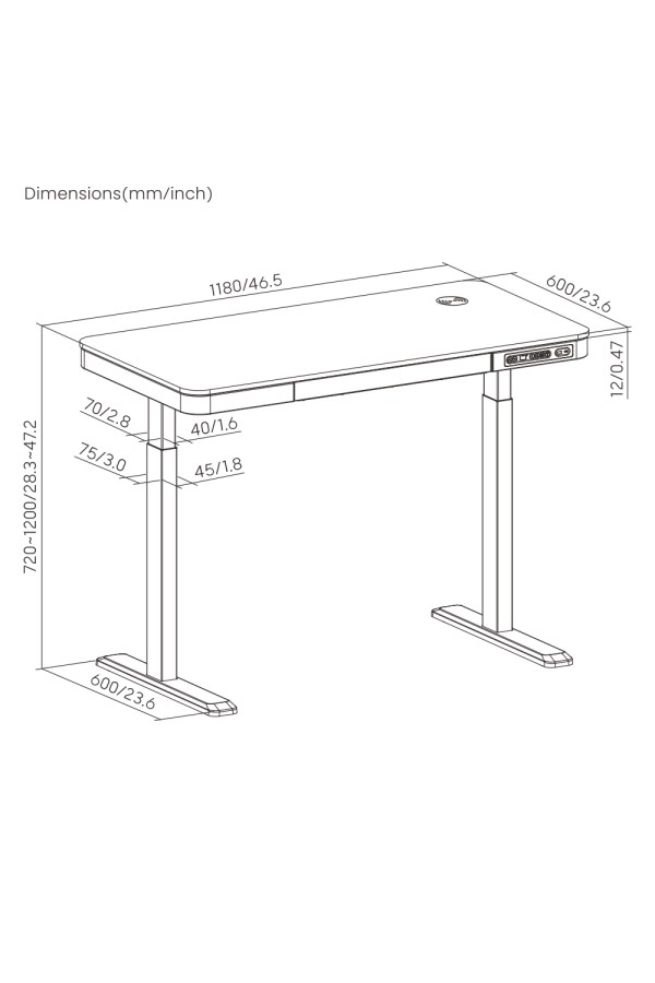 BRATECK ηλεκτρικό γραφείο S08-22DSWW με συρτάρι, 118x60x72~120cm, μαύρο