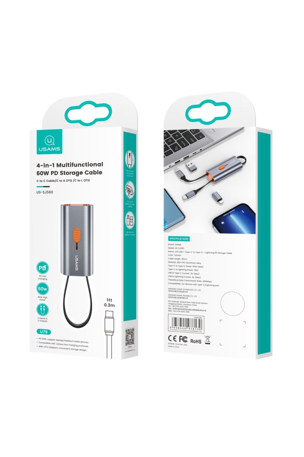 USAMS αντάπτορας USB-C σε USB-C/USB/Lightning SJ560, 60W PD, 0.3m, γκρι