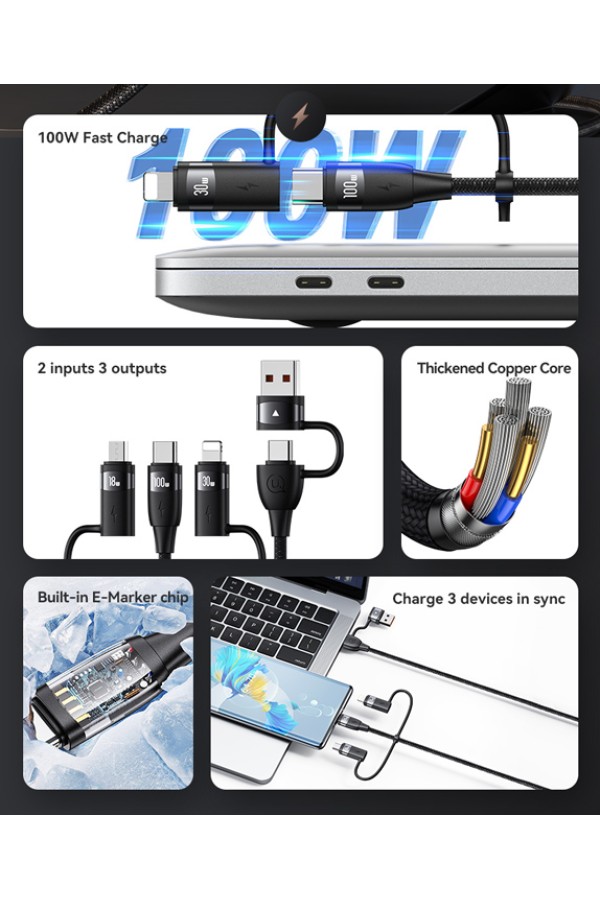 USAMS καλώδιο USB/USB-C σε 3 in 1 US-SJ646, PD 100W, 2m, μαύρο