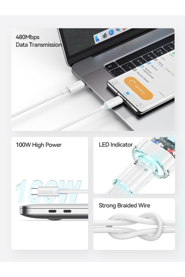 USAMS καλώδιο USB-C σε USB-C US-SJ660, 100W, 480Mbps, 1.2m, λευκό