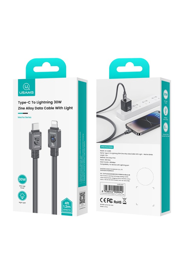 USAMS καλώδιο Lightning σε USB-C US-SJ685, 30W, 480Mbps, 1.2m, μαύρο