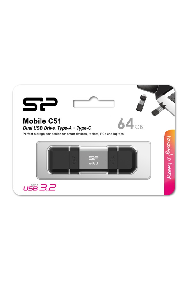 SILICON POWER USB Flash Drive C51, USB/USB-C, 64GB, 120MBps, ασημί