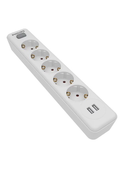 PHILIPS πολύπριζο SPN3052WA, 5x schuko 16A, 2x USB 2.4A, 2m, λευκό