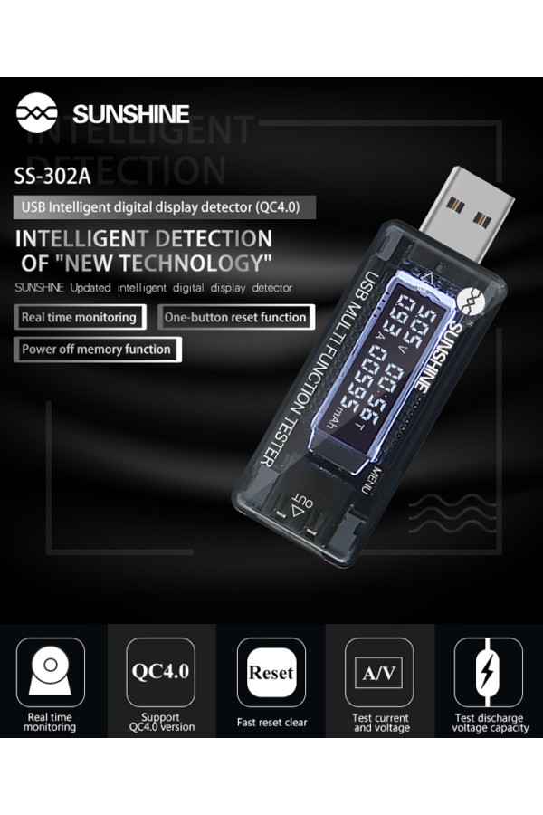 SUNSHINE USB tester φόρτισης SS-302A, V/A/Time/mAh