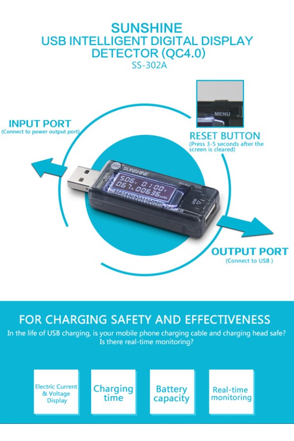 SUNSHINE USB tester φόρτισης SS-302A, V/A/Time/mAh