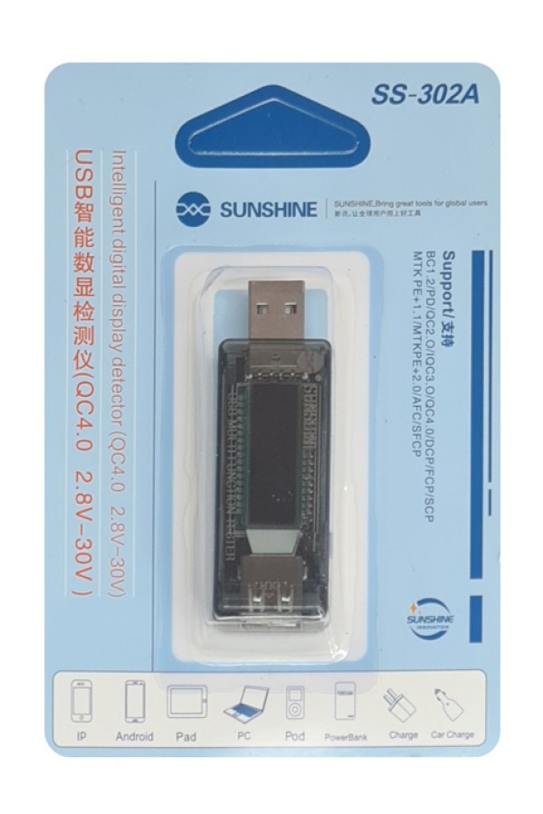 SUNSHINE USB tester φόρτισης SS-302A, V/A/Time/mAh