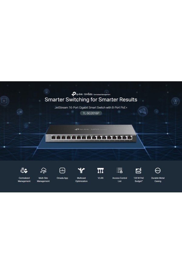 TP-LINK JetStream switch TL-SG2016P, 16-Port Gigabit, 8x PoE+, Ver. 1.0