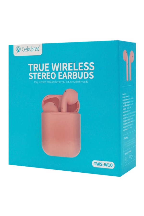 CELEBRAT earphones με θήκη φόρτισης W10, True Wireless, 30/300mAh, ροζ