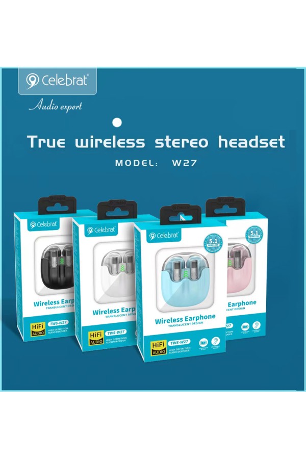 CELEBRAT earphones με θήκη φόρτισης TWS-W27, True Wireless, Φ13mm, ροζ