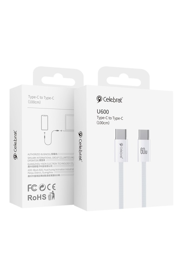 CELEBRAT καλώδιο USB-C U600, 60W, 480Mbps, 1m, λευκό