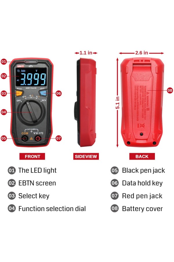 UNI-T ψηφιακό πολύμετρο τσέπης UT123T, NCV, DC/AC