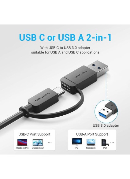 VENTION 4-Port USB 3.0 Hub with Type-C & USB 3.0 2-in-1 Interface and Power Supply 0.15M Black ABS Type (CHTBB) (VENCHTBB)