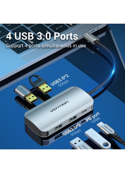 VENTION Type-C to USB 3.0x4/PD 100W Hub 0.15M Gray Aluminum Alloy Type (TNBHB) (VENTNBHB)