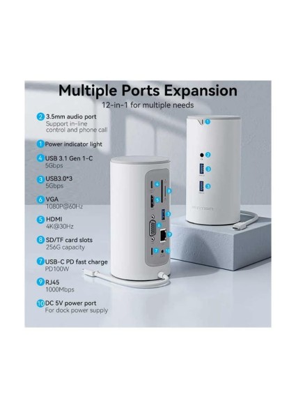 VENTION USB-C to HDMI/VGA/USB 3.1 Gen Docking Station 0.25M (TPHWC-EU) (VENTPHWC-EU)