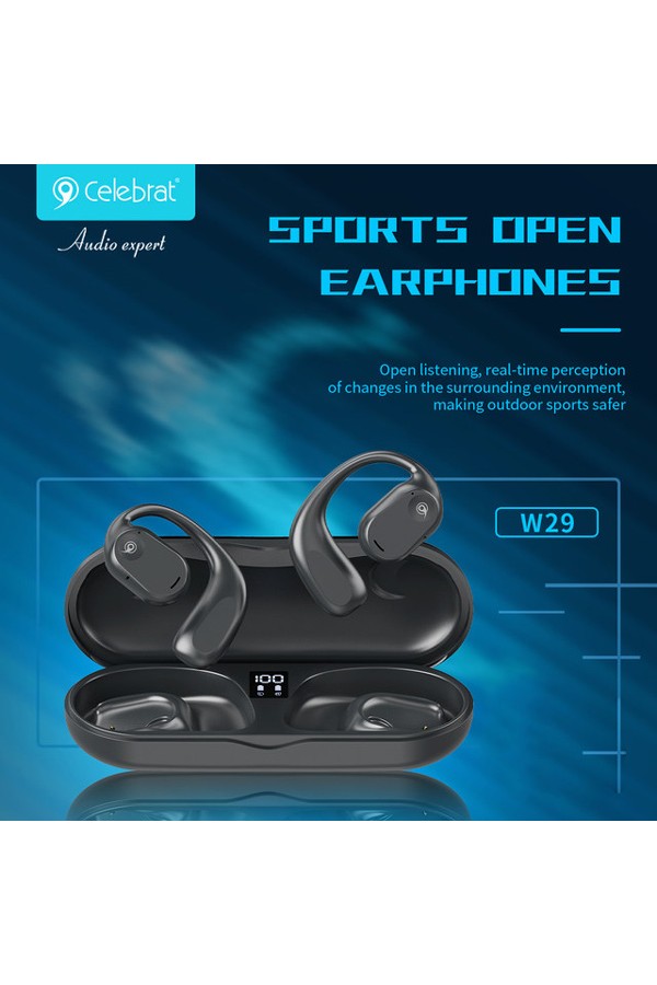 CELEBRAT earphones με θήκη φόρτισης W29, Open Wearable Stereo, μαύρα